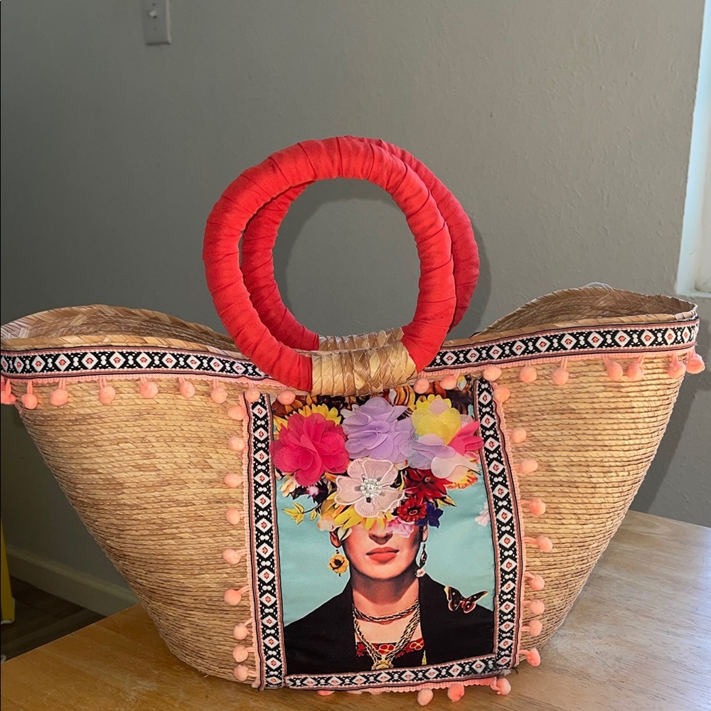 Hand Woven bag made in Mexico, Frida with flowers and pon pons